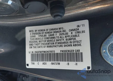 2012 Honda Civic Ex-L from USA, damaged, VIN 2HGFB2F98CH519515